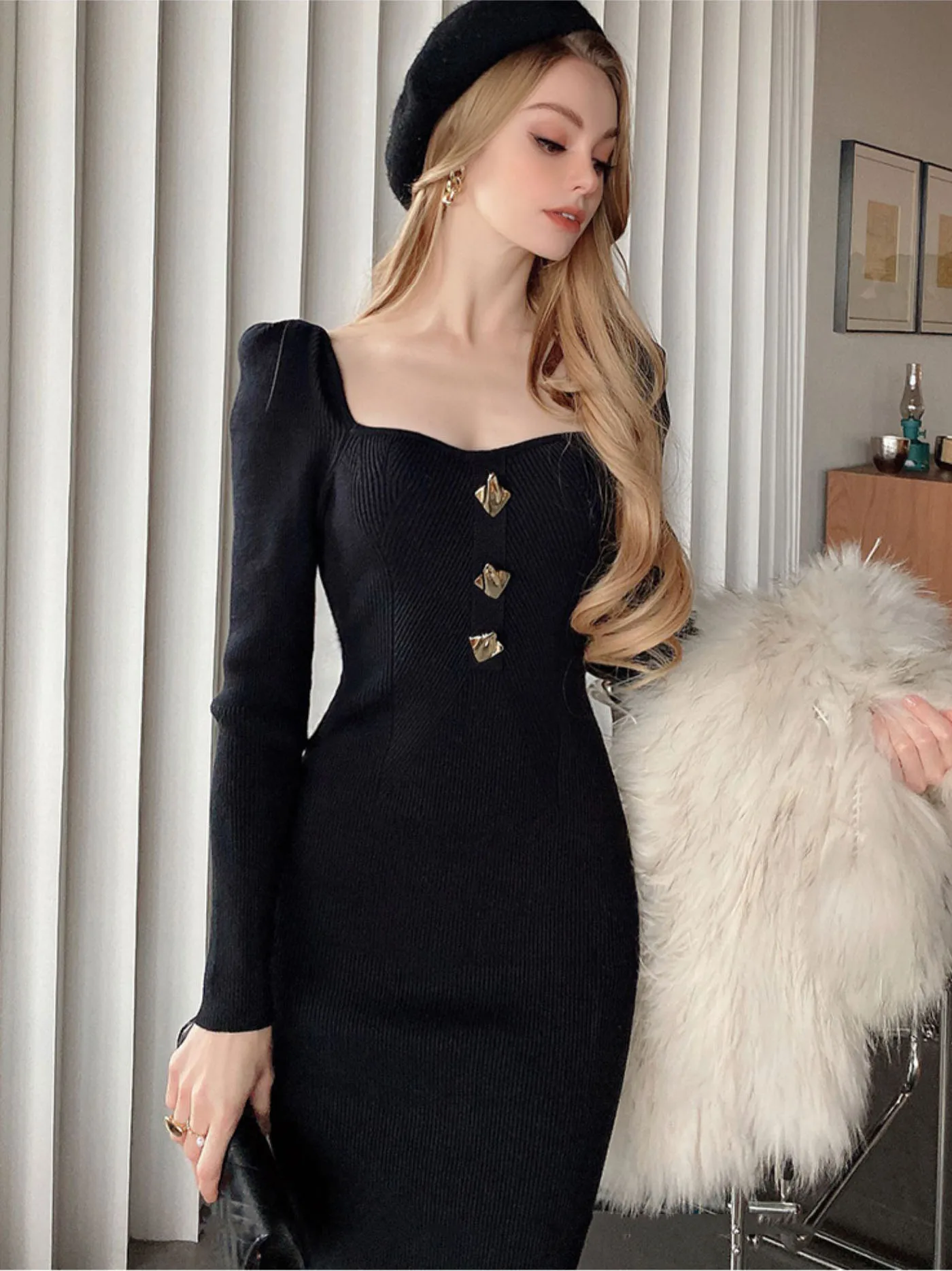 Elegant Women Navy Blue Square Neck Midi Dress Spring 2024 New Long Sleeve Slim Fit Ladies Knited Long Robes With Buttons C-063