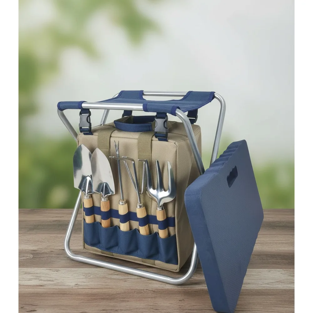 

Folding Garden Stool with 5 Tools & Kneeler Pad - Ergonomic Gardening Seat for Mother's Day Father's Day Gift (Navy Blue)