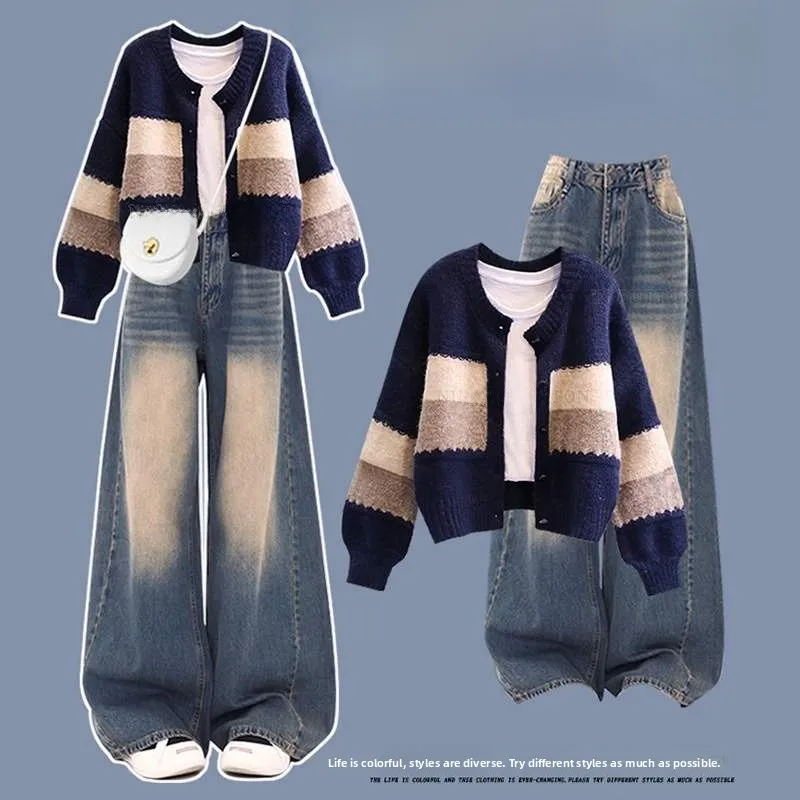 

plus Size Autumn Denim Knitted Cardigan Sweater High Waist Wide Leg Pants Two Piece Set Women's Faion Ensemble Long Sve ...