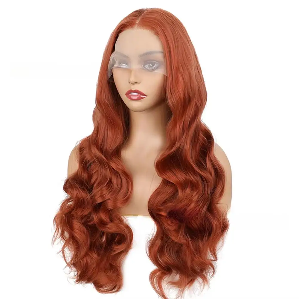 Orange Body Wave 13x4 Lace Front Synthetic Long Curly Wig For Women Middle Part Transparent Lace Frontal Fashion Wig Daily Use