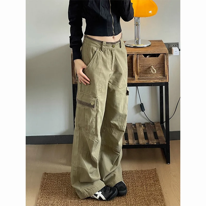Novo baggy cáqui calças de carga moda feminina multi bolsos drape perna larga jeans mulher outono inverno japonês rua calças femininas