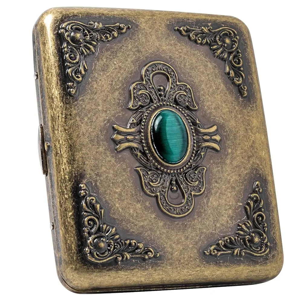 Vintage metal case, metal plated copper,18-20 capacity, surface imitation emerald ornament,gift box packaging(Bronze, 85mm Ki