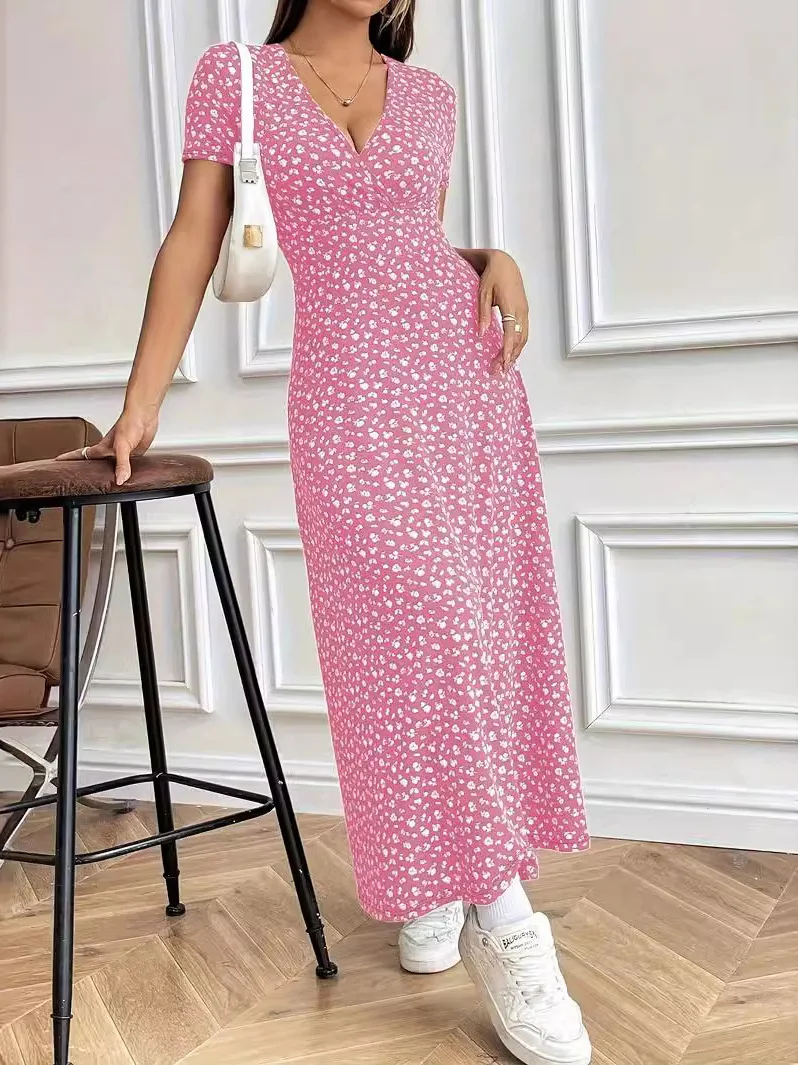 

Модное платье миди с цветочным принтом, V-образным вырезом, коротким рукавом, завышенной талией, А-силуэта, для женщин, для повседневной носки летом