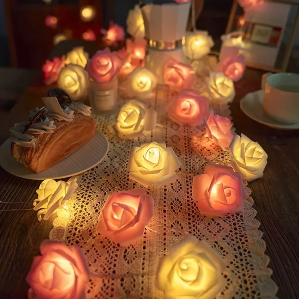 String Lights Artificial Rose Bouquet Romantic Fairy Light Garland Valentines Day Wedding Party Christmas Decor
