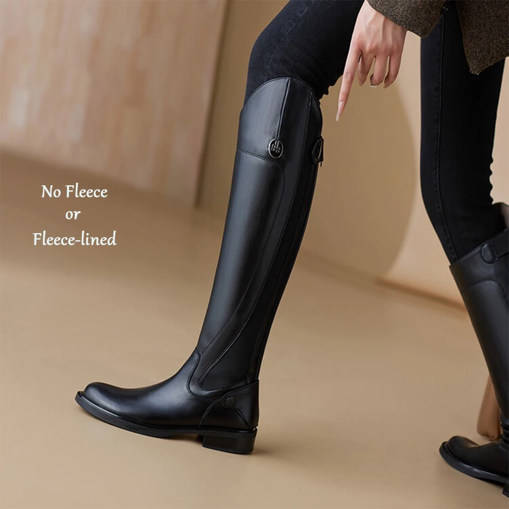 Women's Equestrian Riding  Boots Waterproof Leather Zipper Thermal Fur Lining Anti-Slip Low Heel Outsole Knee-High