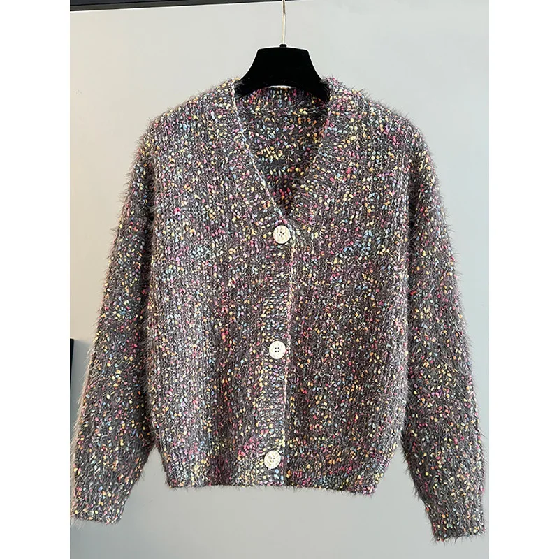 Women's Multicolor Speckled Knit Cardigan, Fluffy Cropped V-Neck Sweater with Buttons, Casual Loose-Fit Soft Knitwear
