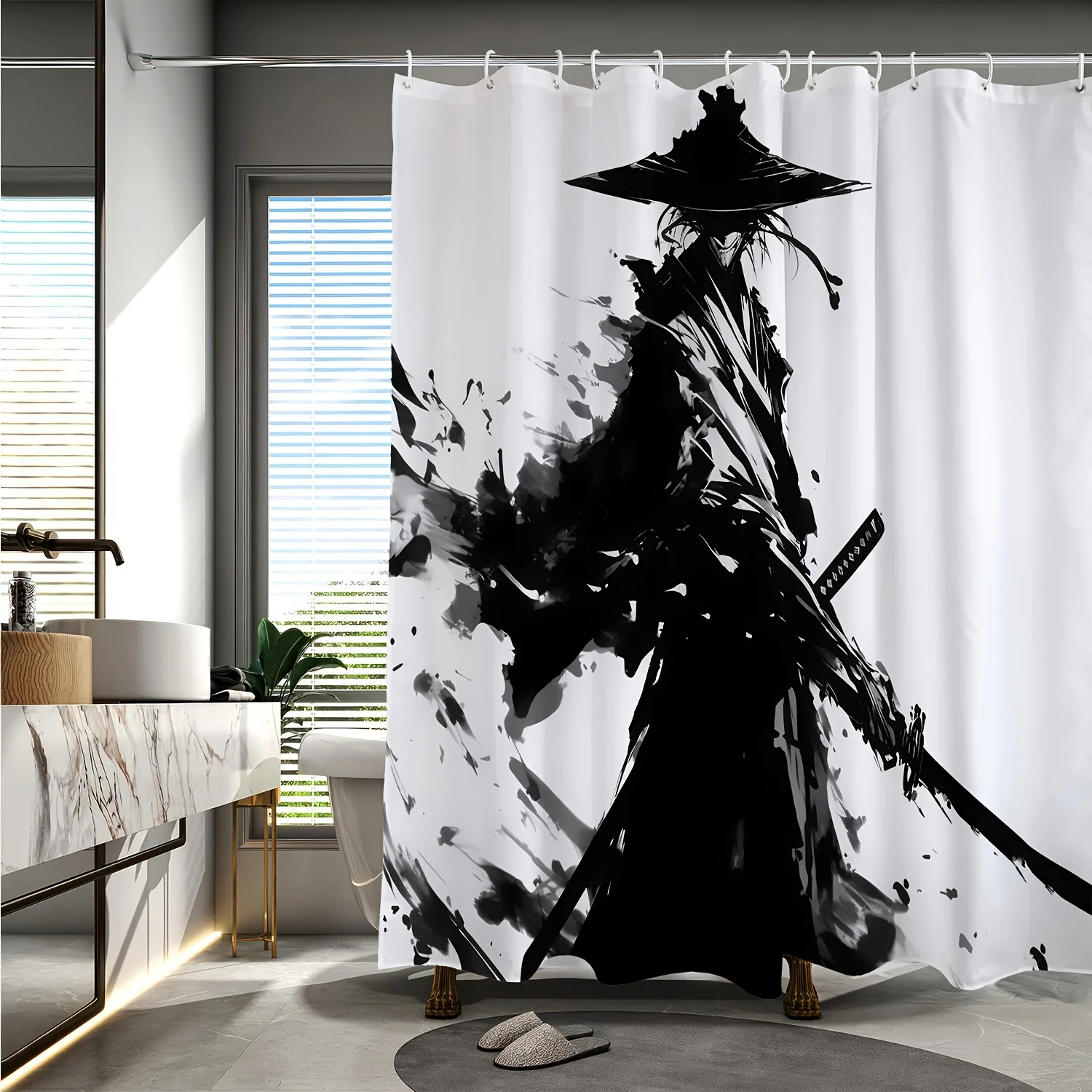 الخيزران فارس الحبر اللوحة نمط دش الستار الحمام ديكور المنزل الحرة هوك مادة البوليستر الطباعة من جانب واحد