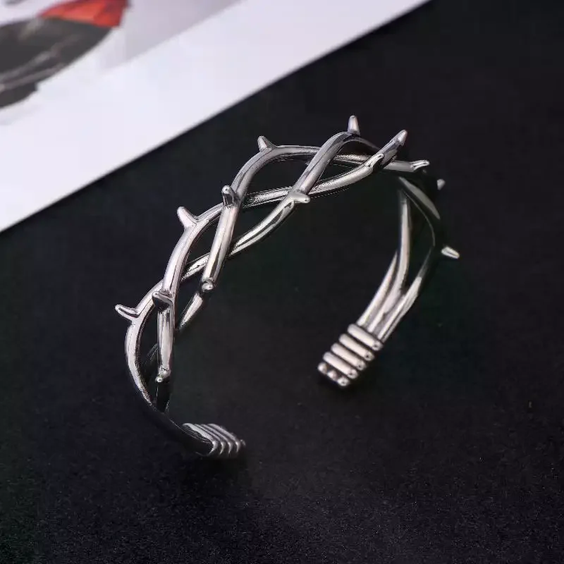 Gothic Thorn Cuff Bracelet For Unisex Punk Barbed Wire Bangle Stainless Steel Twisted Jewelry Gift