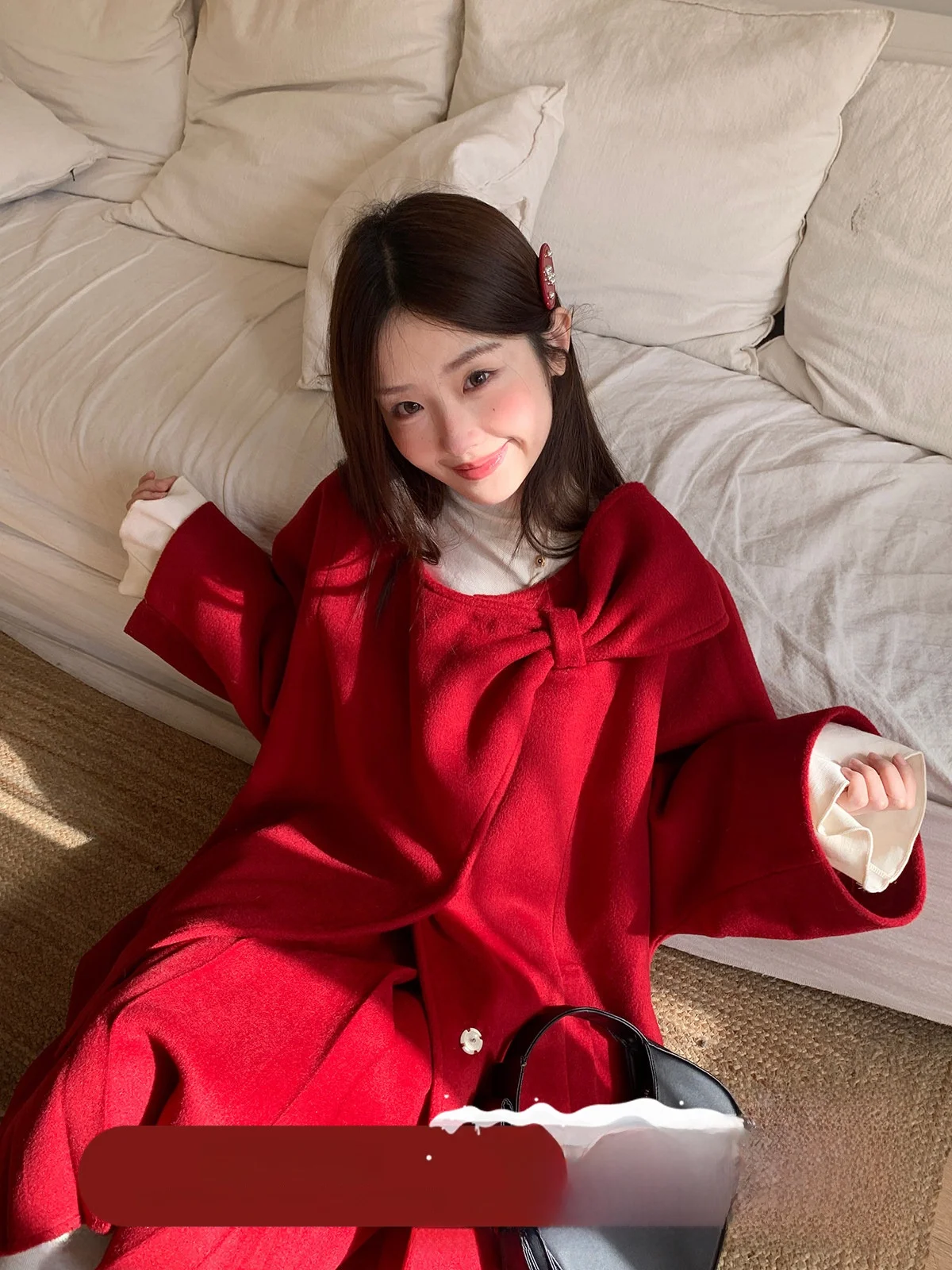 

Cheese Day New Year Aosphere Big Red Woolen Coat Women Winter Beautiful Design f Skirt Set Vintage Sle Long Sve rou...