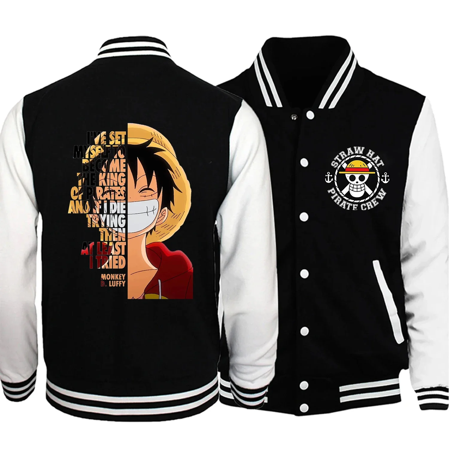 One Piece Baseball Uniform für Erwachsene Neue Luffy Anime Jacke Mann Mode Mantel Schwarz Kleidung Streetwear Unisex Sport Oberbekleidung Gif