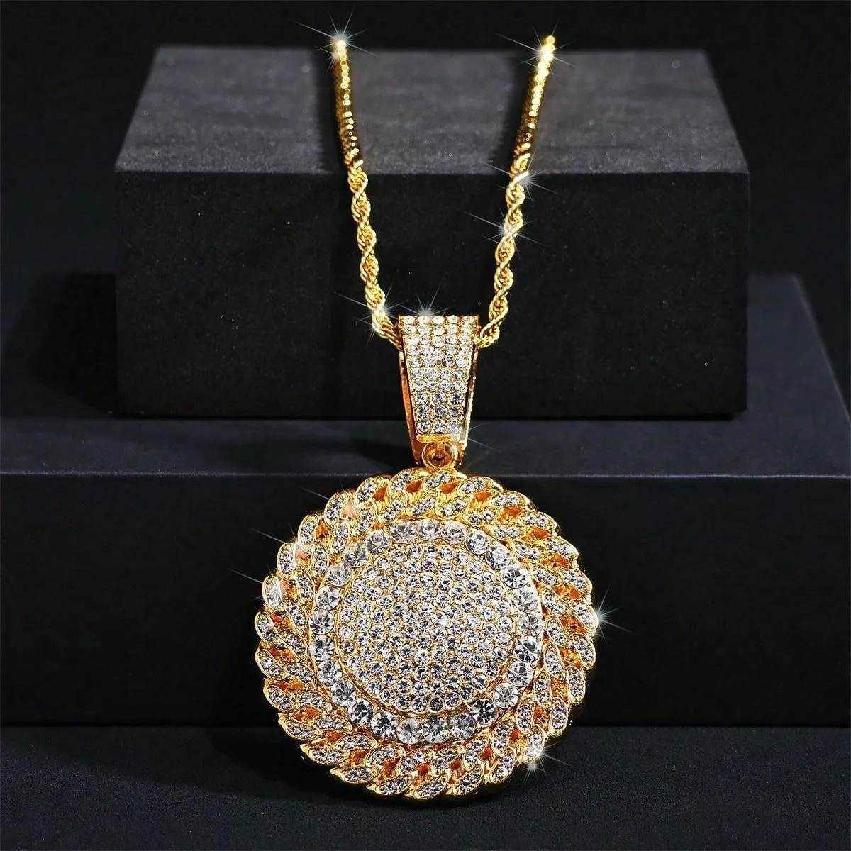 Fashion HipHop Sun Flower Pendant Necklace For Men Cuban Chain Iced Out Bling Crystal CZ Necklaces Rock Biker Jewelry Drop Ship