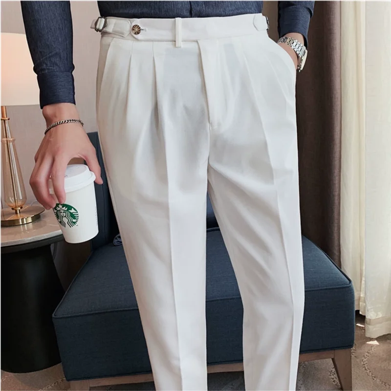 High Quality Men High Waist Suit Pants Fashion All Match Straight Slim Fit Dress Pants Formal Wedding Social Party Male Trousers