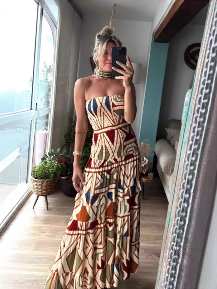 

Vintage Bohemian Print Tube Top Dresses Women 2025 Summer New Pleated Strapless Long Dress Lady All-match Beach Vacation Vestido