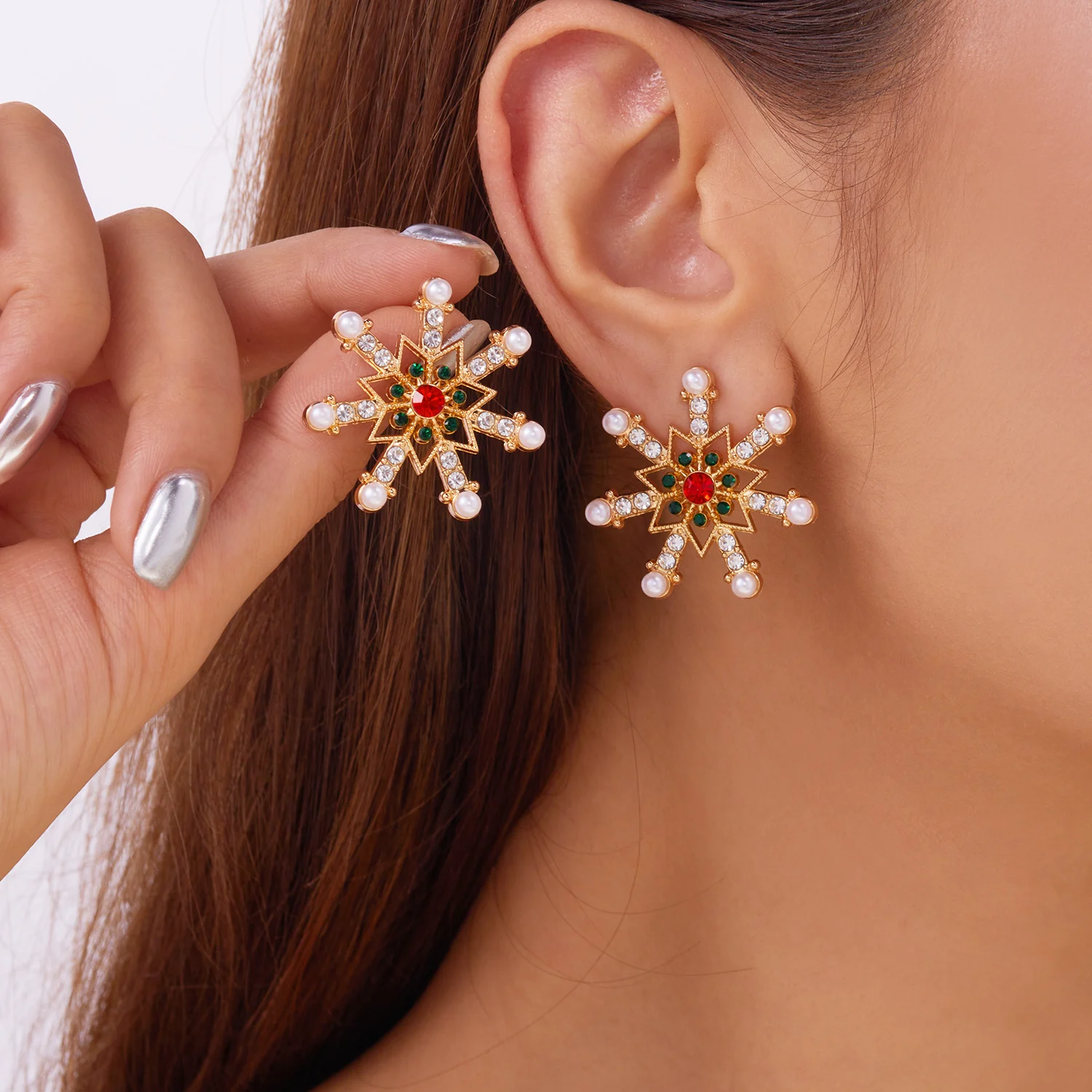 Fashion Imitation Pearl Snowflake Earrings for Women Delicate Colorful Rhinestone Snowflake Stud Earring Christmas Jewelry Gift