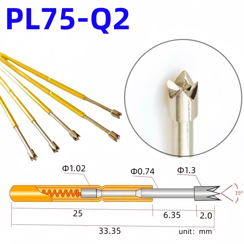 

20/100PCS Spring Test Probe PL75-Q2 4-claw Head Test Pin Head Dia 1.3mm Length 33.35mm Needle Dia 1.02mm Spring Pogo Pin PL75-Q