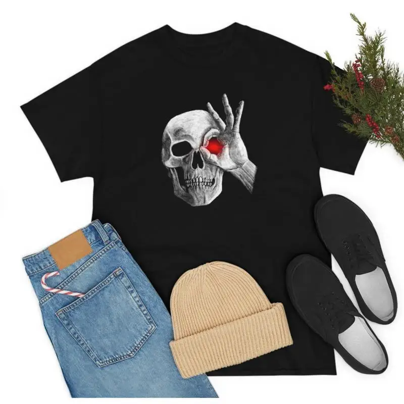 Skeleton With Glowing Eye T Shirt Design Creepy Red Skull