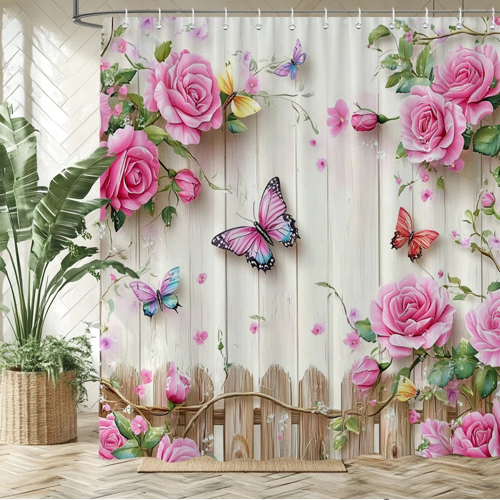 

Pink flowers and butterflies Shower Curtain 3D Printed Bathroom Curtains Bathtub Screen Polyester Fabric Home Decor Curtain