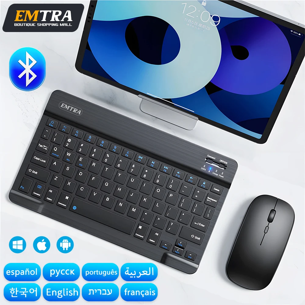 Teclado inalámbrico con Bluetooth para tableta, Mouse para IOS, Android, Windows, Mini Pro iPad Air, español, coreano, portugués, ruso