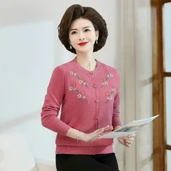 New Middle-aged Mother Knitting Sweaters Autumn O-Neck Embroidered Pullovers Sweater Women Elegant Knitted Jumper Mujer Top