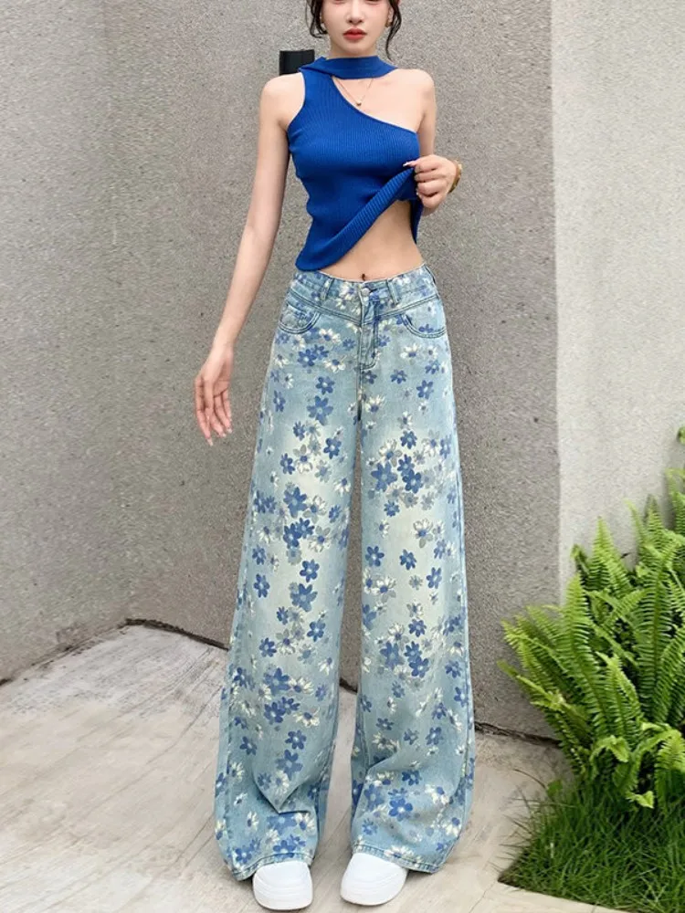 Designer Female Spring Printed Jeans Straight High Waist Loose Fit Casual Denim Pant Fashion Top Quality Ladies Wide Leg Pants