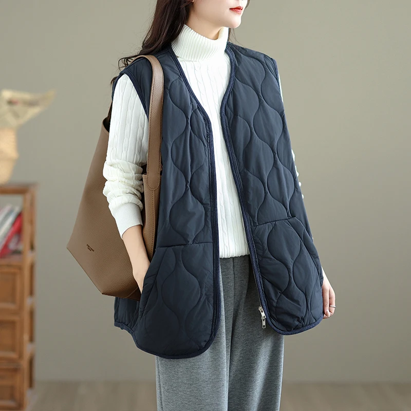

Lightweight Loose Women's down Cotton Vest Warmth Svel Casual Outerwear Polyester Fiber Filling V-Ne Zipper Closure