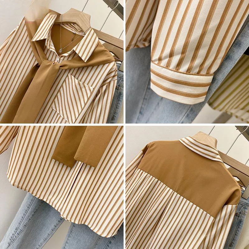 Loose Clothes 2024 Women Autumn Long Sleeve Elegant Bow Tie Shirts Casual Green Striped Shirts Blouses