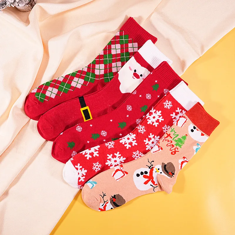 New Christmas Socks 5 Pairs Set Snowman Santa Claus Cartoon Cotton Men's and Women's New Year Long Socks Suit Autumn Winter 2024