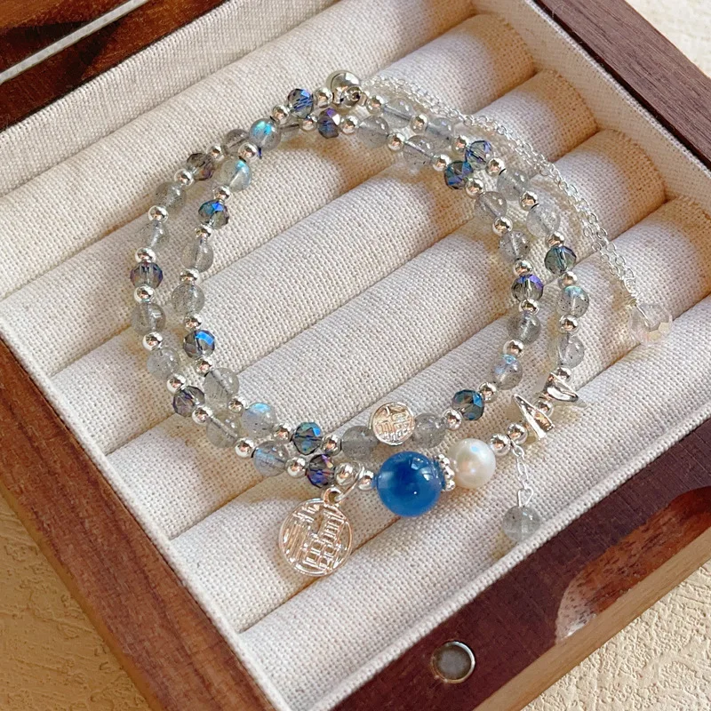 

Natural Labradorite Moonstone Spectrolite Blue Heart Agate Crystal Silver Double Layer Bracelet Beaded Lucky Fortune Blessing