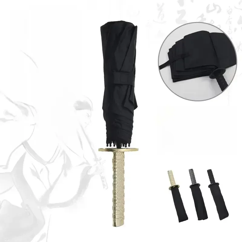 CyNinja Sword Katana Umbrella Fold UV Blocking Black Parasol Demon Slayer Tanjirou Japanese Katana Samurai Sabre Umbrella Rainco