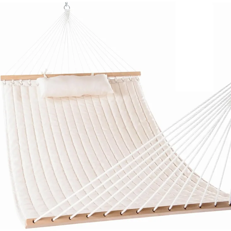 

12 FT Double Quilted Fabric Hammock with Spreader Bars and Detachable Pillow, 2 Person Hammock for Outdoor Patio Backyard