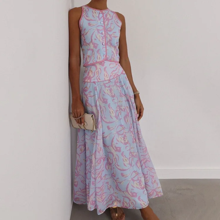 

2 Piece DRESS Set Summer Loose Print Women Fashion Sleeveless Tank Top +High Waist Pleated Long Skirt Set Female