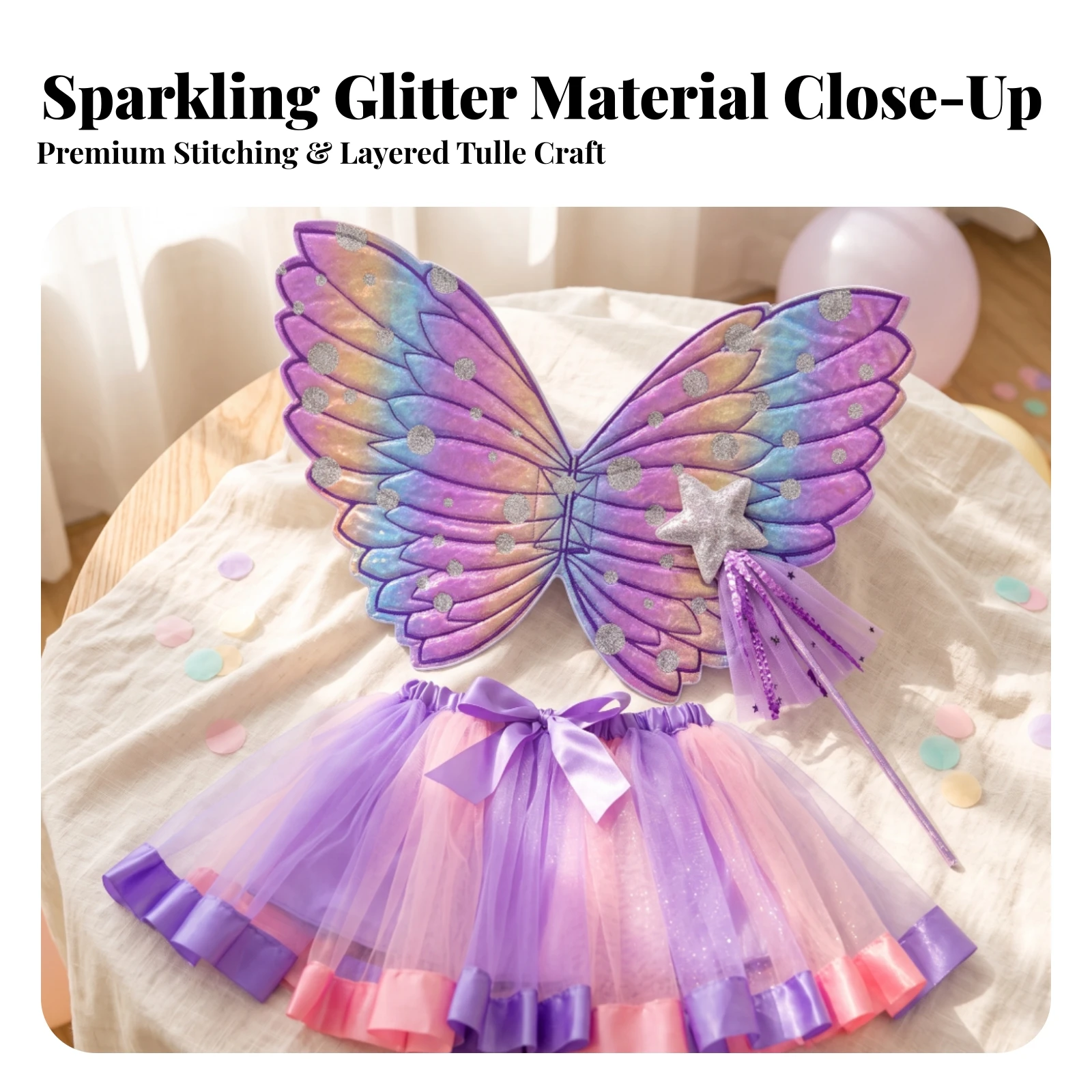 Butterfly Costume with Tutu Lightweight Butterfly Wing Costume Set Accessory Iridescent for Girls, Role-Play, Birthday Parties