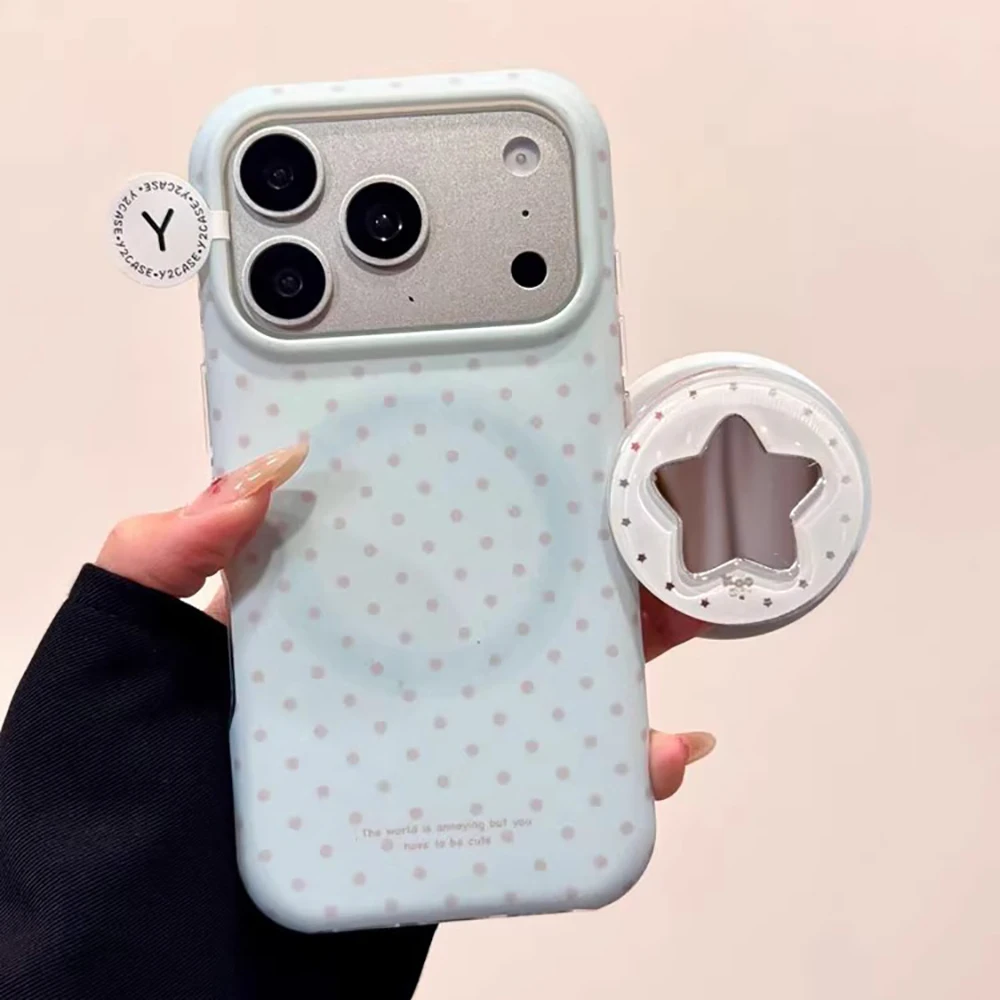 

Cute Blue Polka Dot Pattern Magnetic Phone Case for iPhone 13 14 15 16 17Pro Max Shockproof Wireless Charge Cover for Magsafe