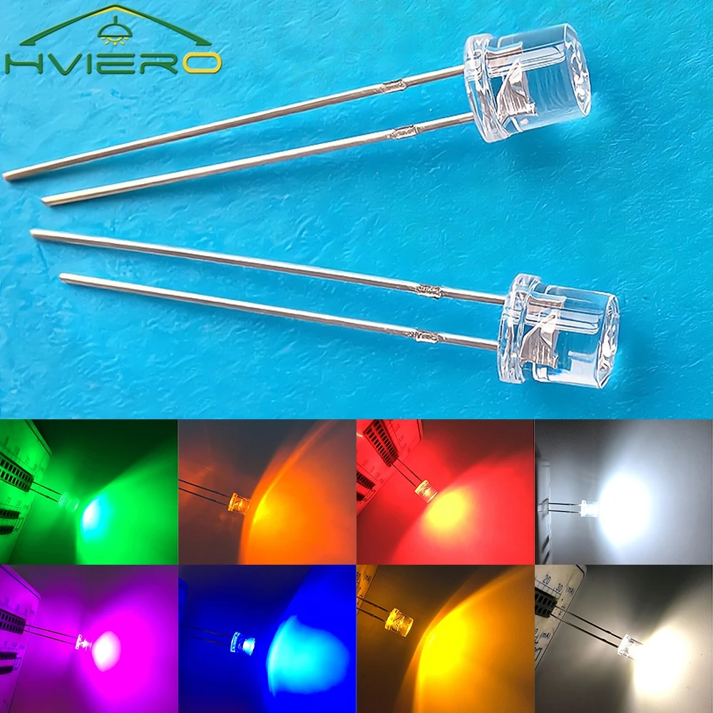 100PC Min F5 5mm Flat Top White Red Pink Yellow Blue Wide Angle Light Diode Water Clear LED Bead Ultra Bright Bulb Emitting Lamp