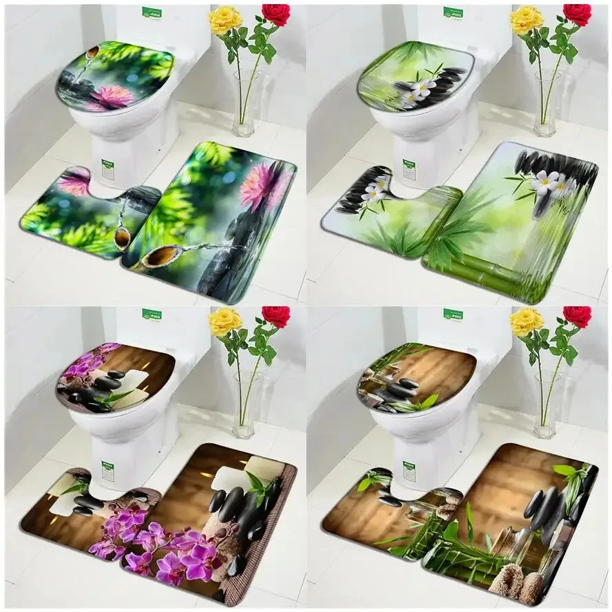 Zielone bambusowe maty do kąpieli Zen Zestaw Orchidea Lotos Kamień do masażu Azjatycka podkładka pod drzwi Spa Nowoczesny wystrój łazienki Dywanik antypoślizgowy Mata na toaletę