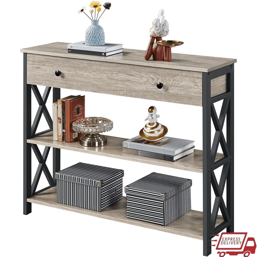 

Rustic Wooden Console Table with Drawer and Shelves Versatile Storage Furniture Living Room Entryway Bedroom Office