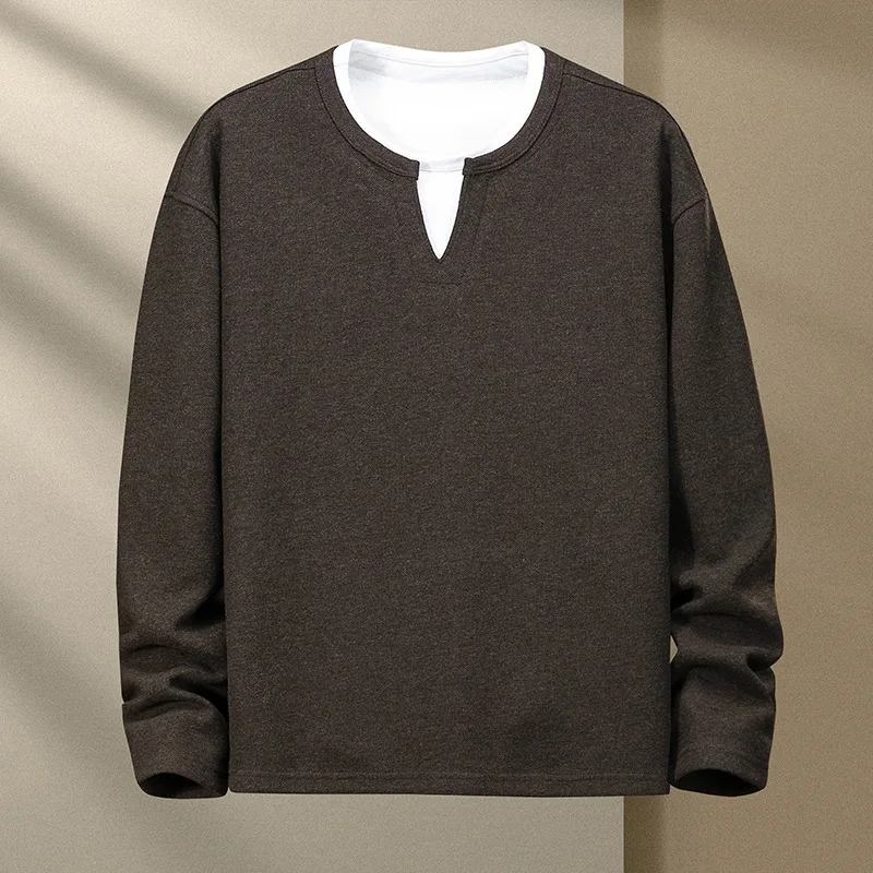Men's Autumn Winter Pullover Contrasting Color Fake Two-piece Round Neck Long-sleeved Casual Fashion Shirt T-shirt Top