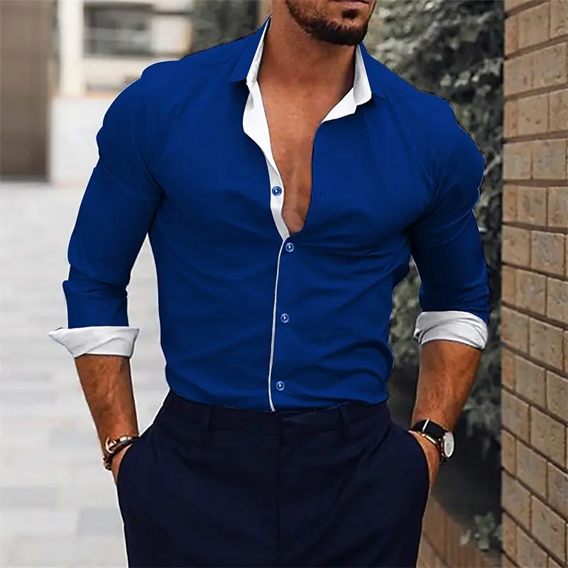 2024 Men\'s Shirt Suit Lapel Office Casual Outdoor Sports Gym Splicing Simple Fashion Solid Color Soft Comfortable Large Size