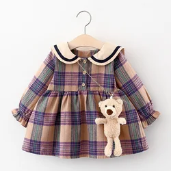 Baby Girl Long Sleeve Plaid Cute Pretty Birthday Party Princess Dress with bear