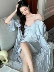 Women Sexy Spaghetti Strap Nightgowns Sleeping Dress Spring Autumn Elegant Silk French Fairy Morning Robe Home Two Piece Sets