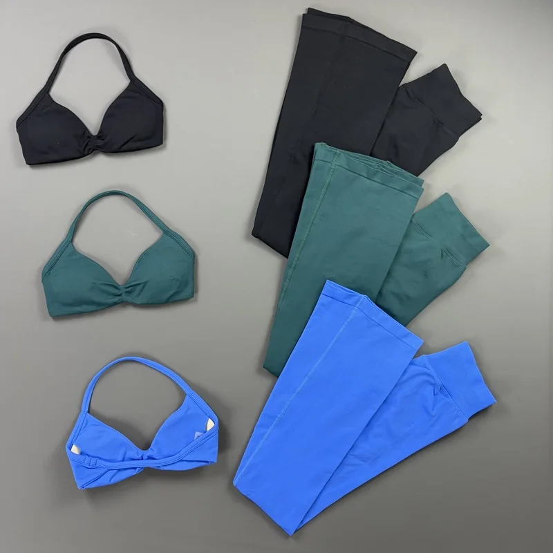 Sexy Gym Set Seamless Women Shockproof Halter Neck Bra Top High Waist Yoga Flare Leggings Workout Fitness Sports Matching Set
