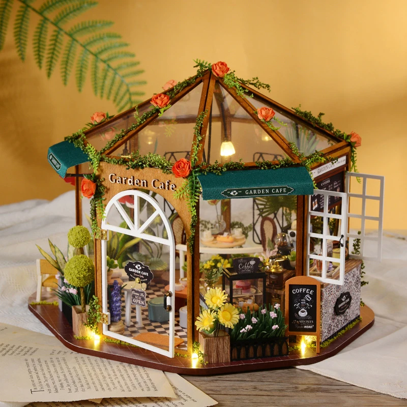 DIY Wooden Miniature Model Kit Flower Garden Cafe Cottage 3D Puzzle Dollhouse With Furniture Lights Casa for Friends Gifts