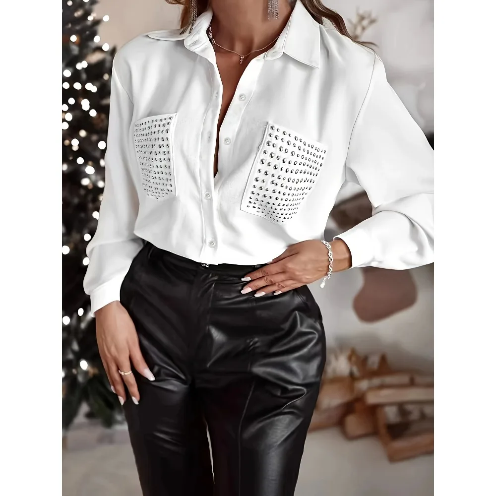 Plus Size Women’s Solid Color With Pockets And Lapels Shirt