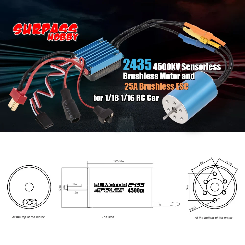 SURPASS HOBBY 2435 4500KV Sensorless Brushless Motor and 25A Brushless ESC for 1/18 1/16 RC Car