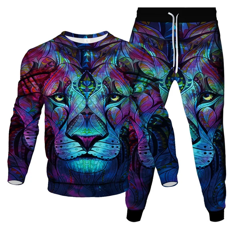 Spring Autumn Fashion Sweatshirt Trousers Casual Tracksuit 2 Piece Suit Animal Lightning Lion 3D Print Men Outoor Clothes Set