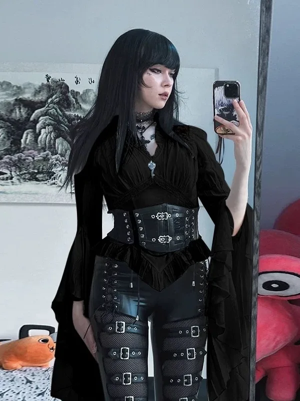 Gothic Sle Medieval Court irt Women's loween Subculture Asymmetrical Skirt Set High Waist Gown with Pleats Long Sve