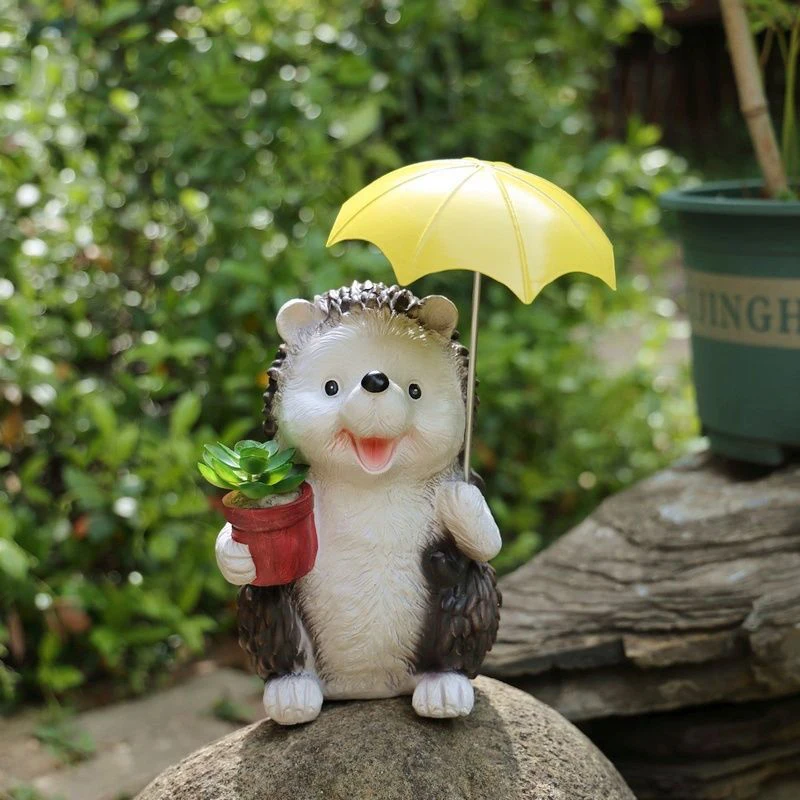 Cute Umbrella Hedgehog Resin Figurines Accessories Art Garden Courtyard Statue Decor Items Home Landscape Sculpture Decoration