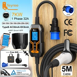 Feyree Carregador EV portátil Type2 com montagem na parede 32A 7KW Wi-Fi APP Controle Smart Timing Carregamento EVSE Wallbox para casa e exterior