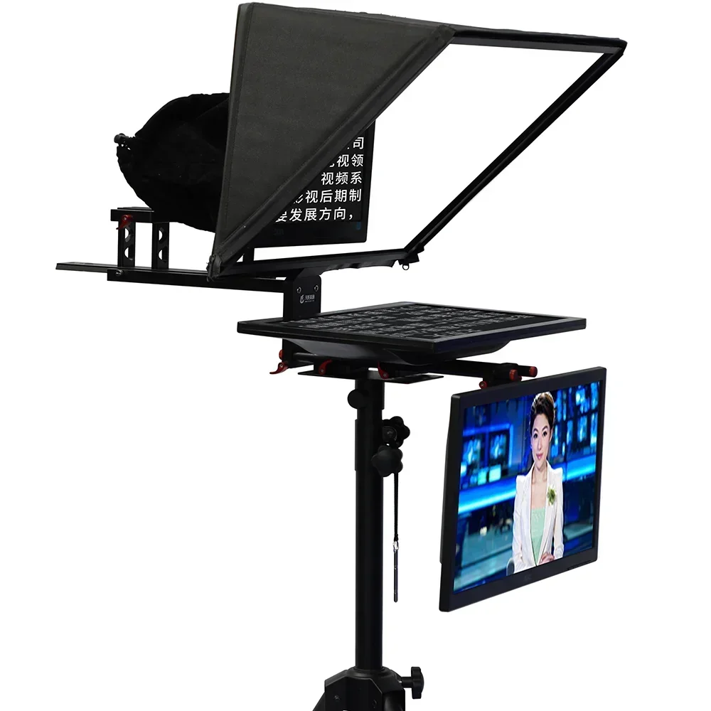 TY21G2 built-in prompter 21 inch dual screen broadcast studio teleprompter with PTZ caster tripod wireless remoter live stream