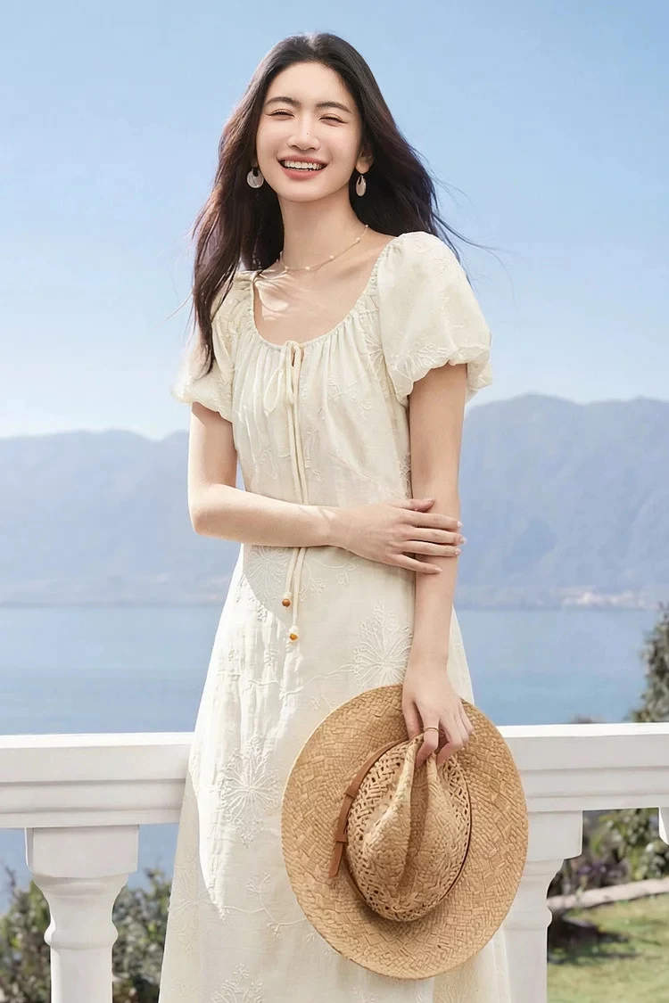 SENTUBILA Damen Lyocell-Kleider 2026 Sommer Elegantes Resort-Style A-Linien-Midikleid mit Wendehals und Stickerei für den Strand 162LO5639 – Detail 12